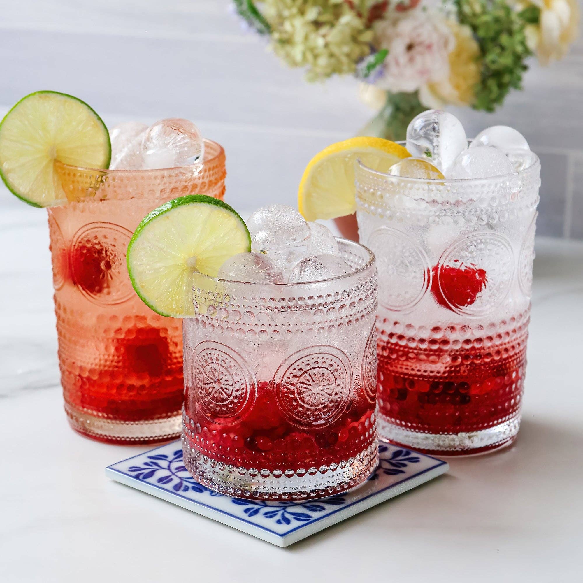 Hobnail Beaded Floral Clear Drinking Glasses — Set of 6, 10 oz. - Image 4