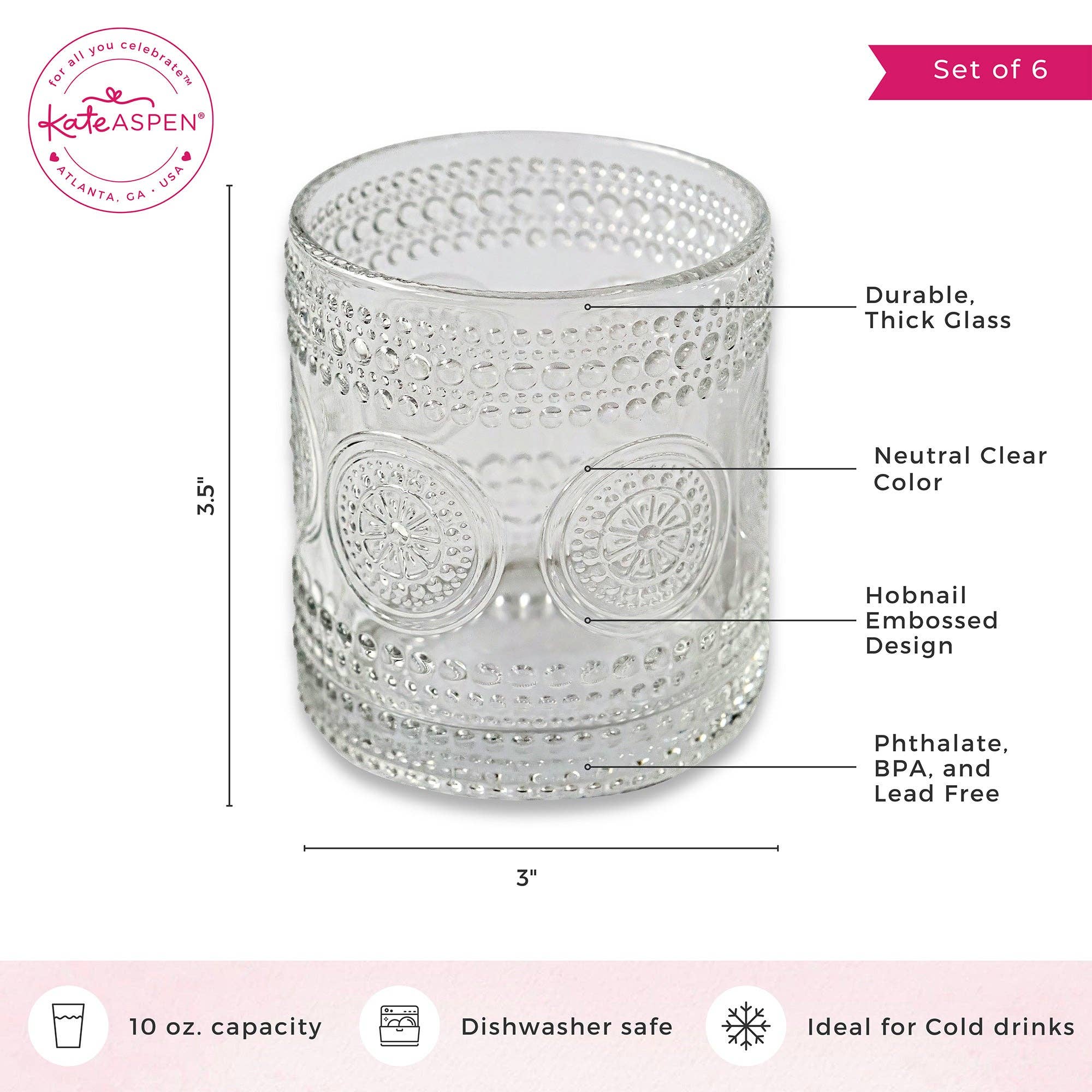Hobnail Beaded Floral Clear Drinking Glasses — Set of 6, 10 oz. - Image 6